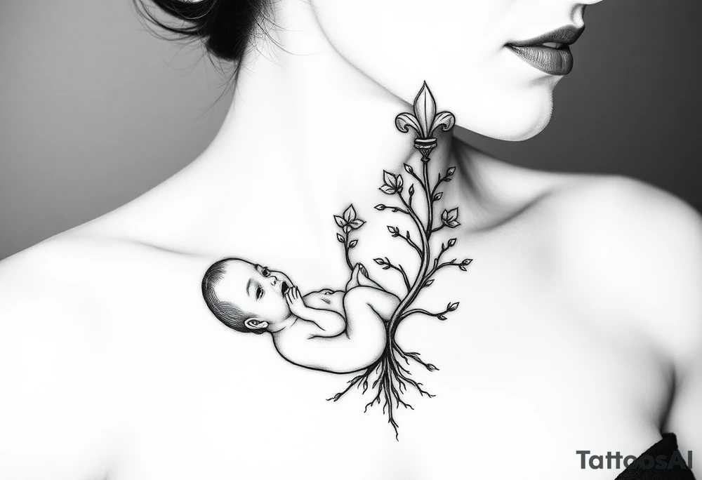 Mère assise  qui allaite son bébé, la mère à une fleur de lys sur la tête reliée au cordon ombilical du bébé et des racines d’arbre de vie. tattoo idea