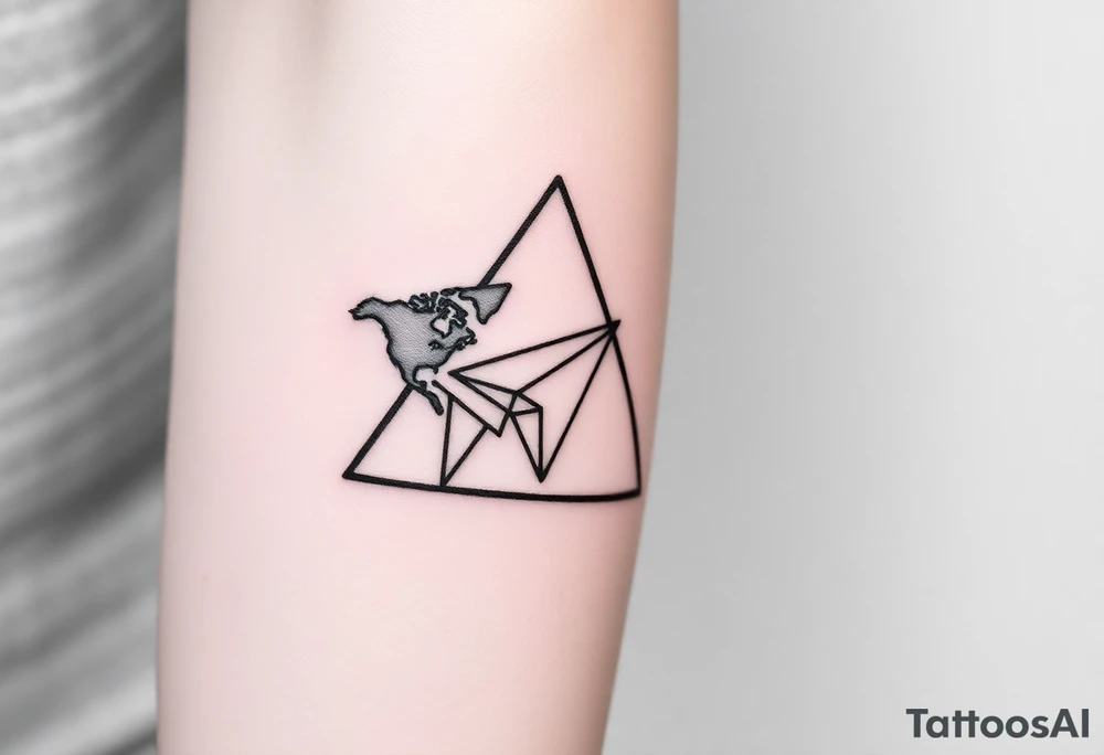 Small geometric triangle with a geometric paper plane going around the world with thin fine lines tattoo idea