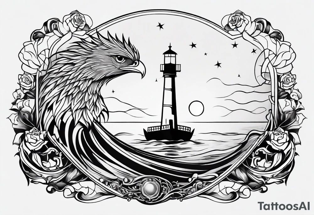 bateau, phare maritime, phoenix, rose des vents et lune bleu. tattoo idea