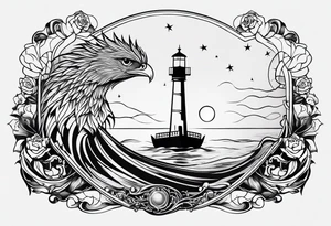 bateau, phare maritime, phoenix, rose des vents et lune bleu. tattoo idea