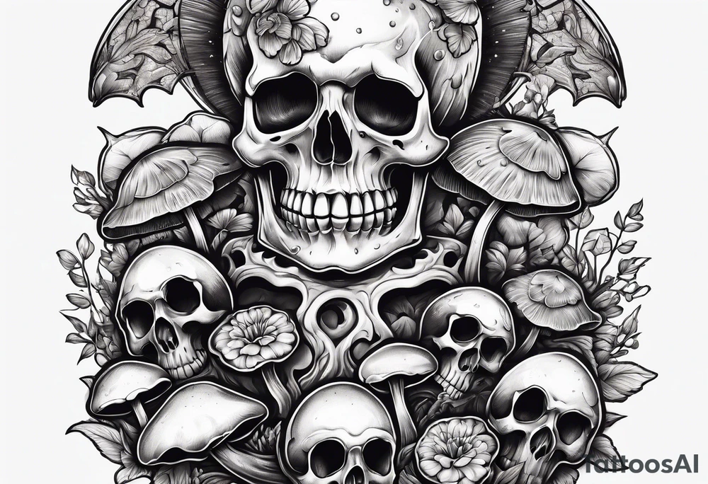 skeleton with mushrooms growing out of it tattoo idea