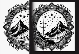 complete upper arm sleeve. Feature three mountain side by side, with 3 stars above them crossed sword patterns that evoke the Valkyrie spirit. Keep the design in clean, simple lines. tattoo idea