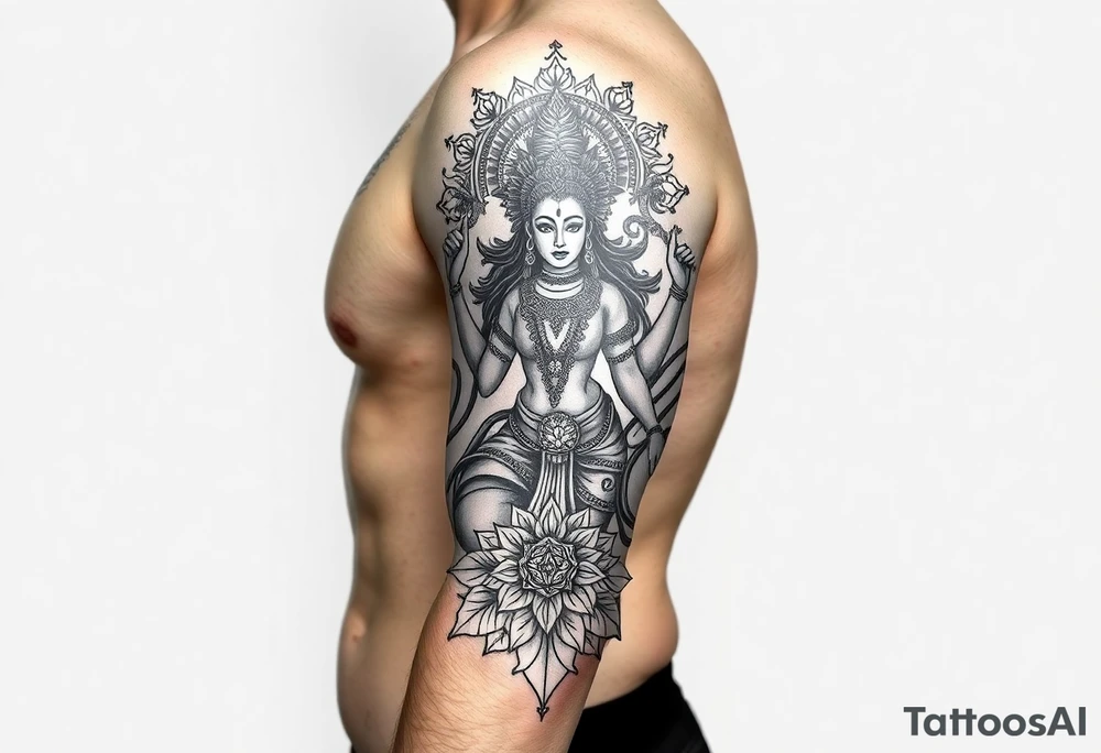 Durga goddess full body 
Surrounded by lotus chakra and mandala tattoo idea