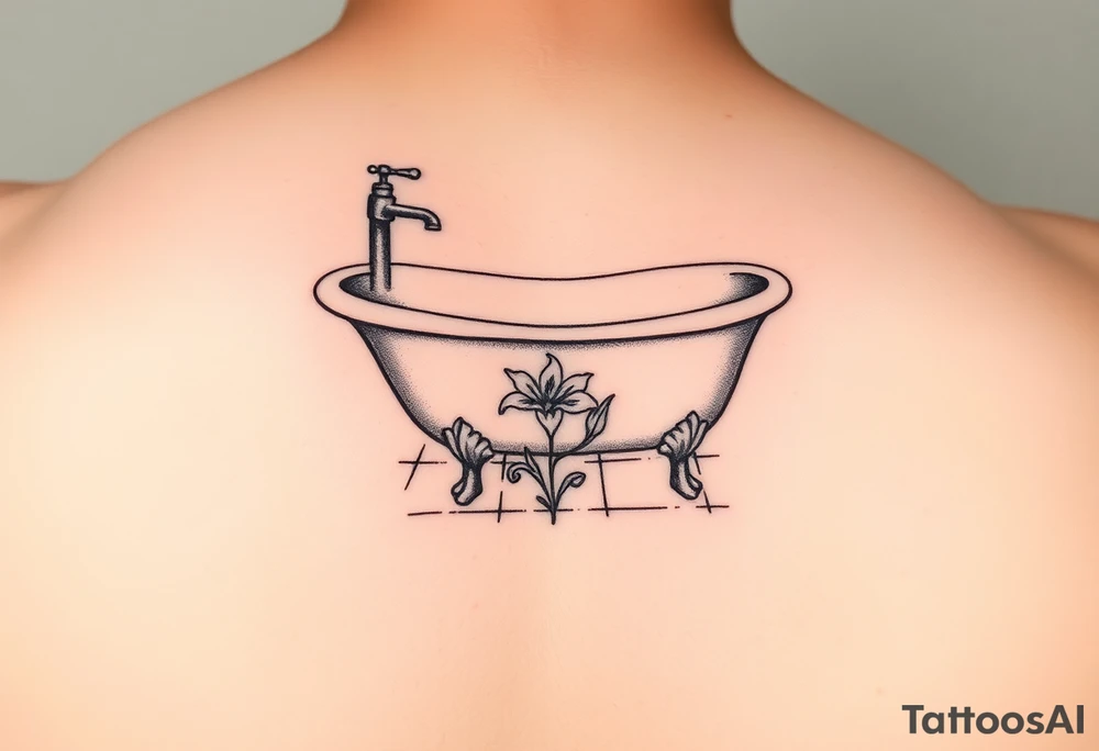 clawfoot bathtub with simple faucet and lily coming up out of the tile floor tattoo idea