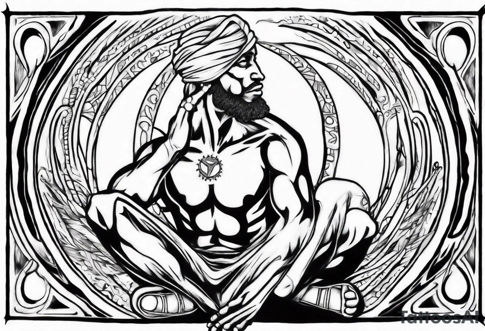 Peaceful warrior kneeling down with the world resting on his hand above his head and shoulders. tattoo idea