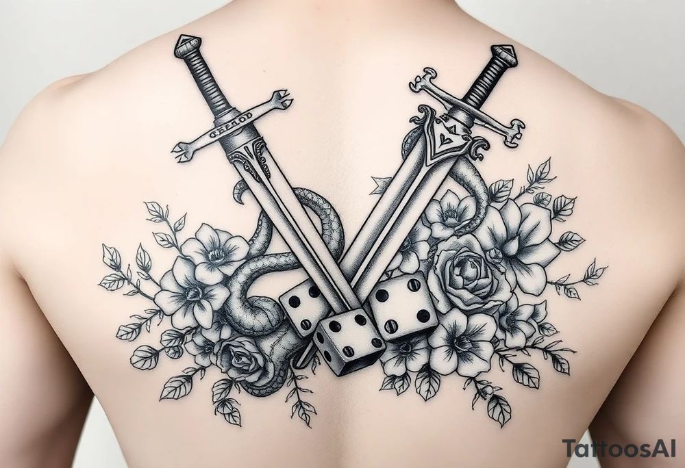 knightand sword and squid intertwined with climbing roses and thorny vines with cherry blossoms rolling dice tattoo idea