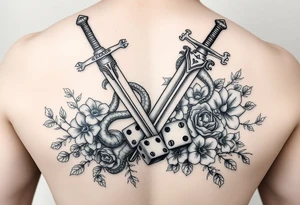 knightand sword and squid intertwined with climbing roses and thorny vines with cherry blossoms rolling dice tattoo idea
