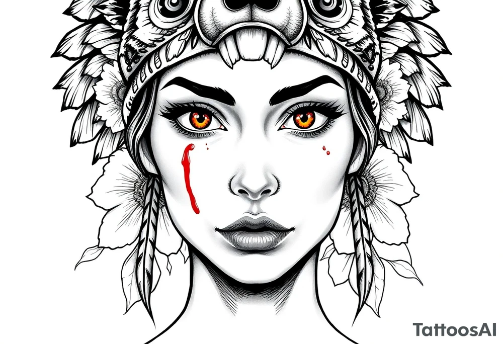 Young Symmetrical Beautiful Woman, looking forward, with colored eyes, shedding a tear, with battle scars and blood on face, with soft look, wearing a mean looking bear headdress on head, with flower background tattoo idea