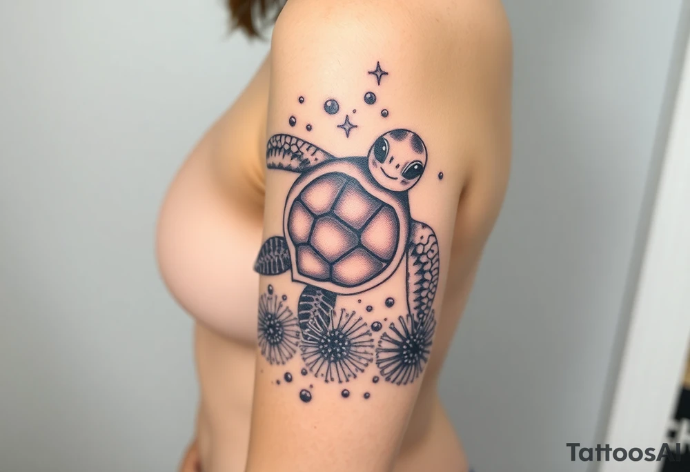 Baby sea turtle with ocean scene surrounded with sea urchins tattoo idea