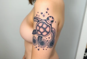 Baby sea turtle with ocean scene surrounded with sea urchins tattoo idea