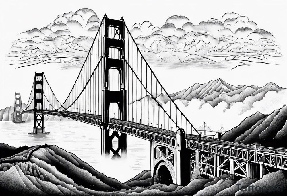 Golden Gate Bridge with fog rolling in with Marin hills in the background tattoo idea