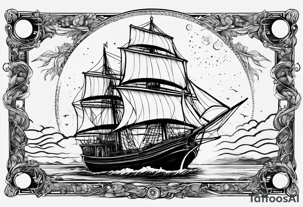bateau, phare maritime et lune bleu tattoo idea