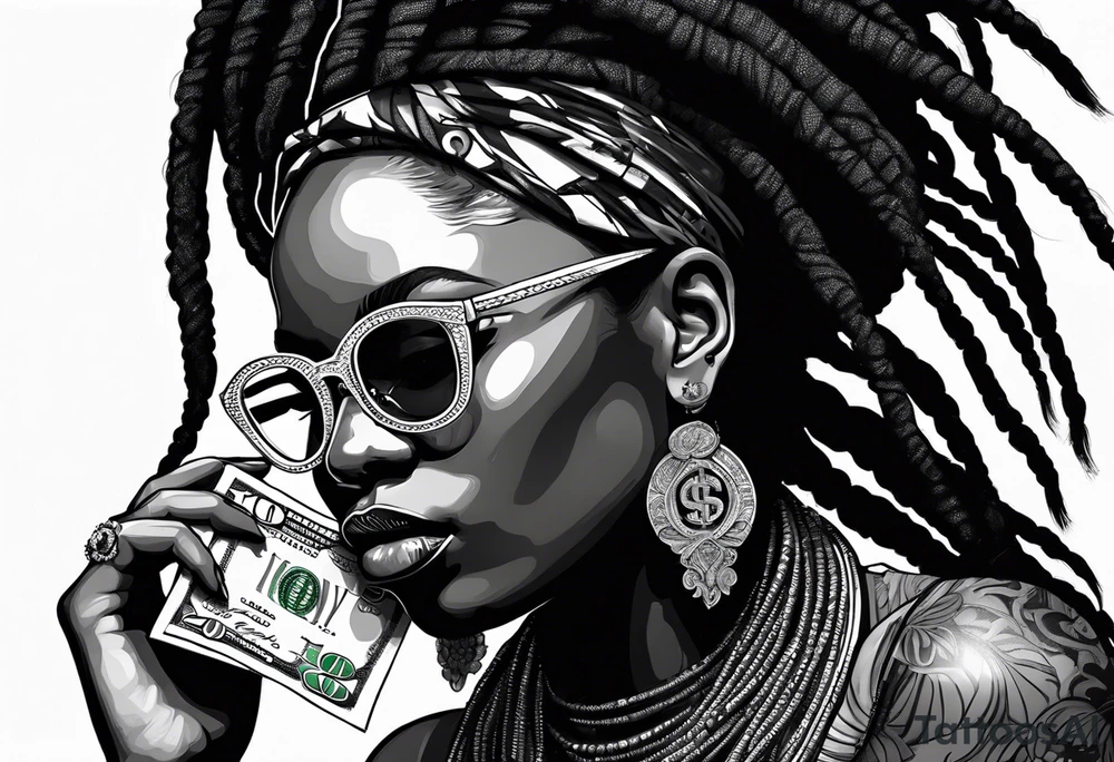african woamn with dread locks and un glasses with money in her mouth tattoo idea