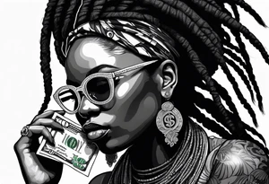 african woamn with dread locks and un glasses with money in her mouth tattoo idea