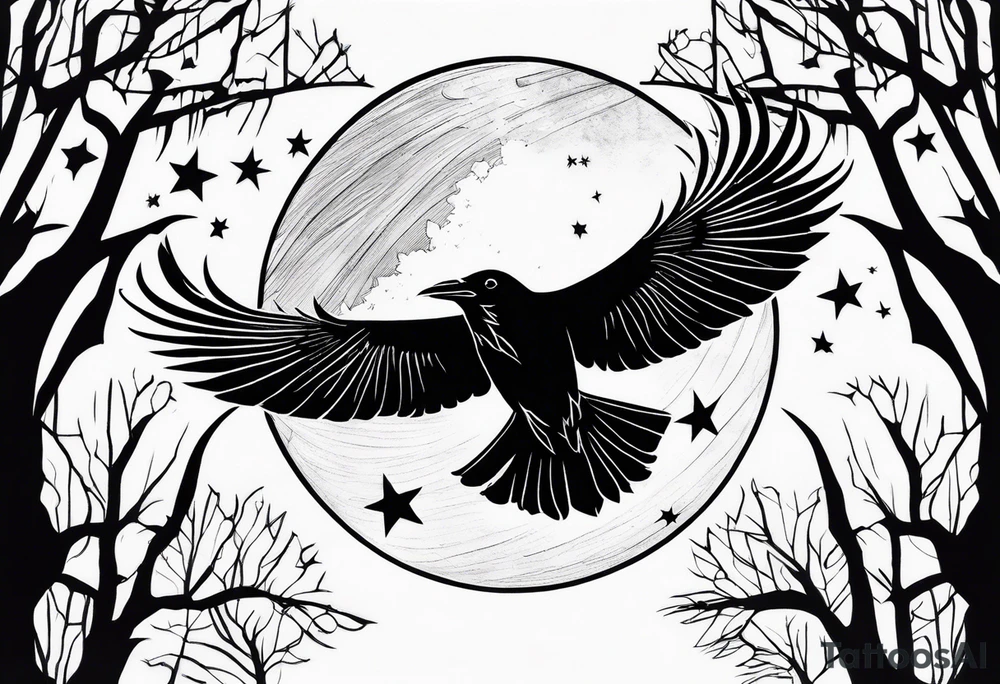 Raven in flight, upsidedown, knowing, light behind its eyes, ethereal, moon stars and trees in the background tattoo idea