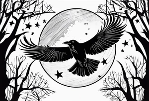 Raven in flight, upsidedown, knowing, light behind its eyes, ethereal, moon stars and trees in the background tattoo idea