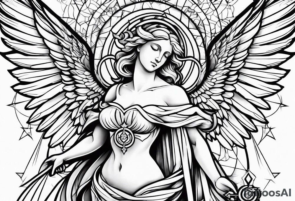 Religious, angel, powerful, forty style tattoo idea