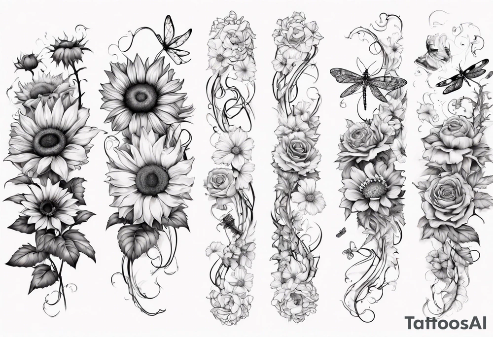 Arm sleeve, sunflowers, dragonflies, three cosmos flower, one violet, one carnation, vines , leaves and butterflies tattoo idea