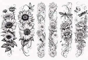 Arm sleeve, sunflowers, dragonflies, three cosmos flower, one violet, one carnation, vines , leaves and butterflies tattoo idea