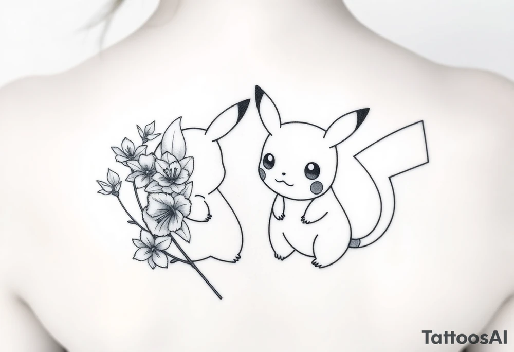 Thin outline of daffodil flowers, narcissist flowers, a cute Pikachu and a cute Bulbasaur together tattoo idea