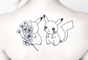 Thin outline of daffodil flowers, narcissist flowers, a cute Pikachu and a cute Bulbasaur together tattoo idea