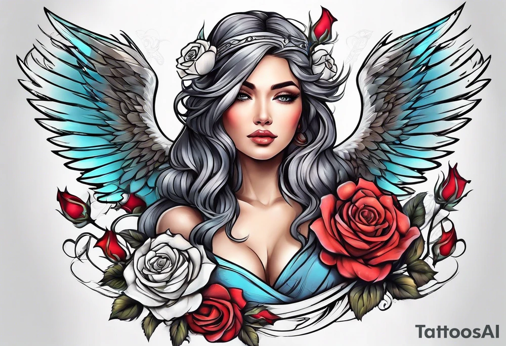 Beautiful woman angle with wings surrounded by roses tattoo idea