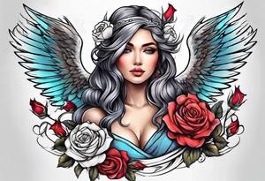 Beautiful woman angle with wings surrounded by roses tattoo idea
