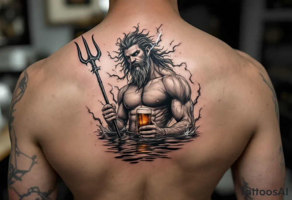 young, fit poseidon in calm water, holding a trident, holding a beer, with lightning tattoo idea