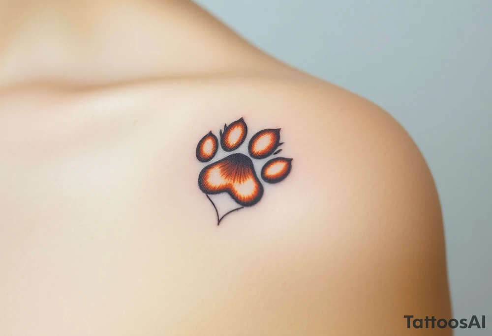 dog paw in shape of heart with fine fur details and warm shades of golden brown, caramel, and soft beige tattoo idea