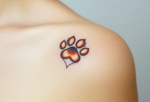 dog paw in shape of heart with fine fur details and warm shades of golden brown, caramel, and soft beige tattoo idea