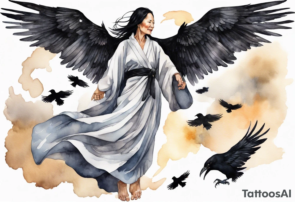 a beautiful 55 year old Dakota woman wearing a silver and black robe, flying in the sky with black raven wings, bare feet tattoo idea