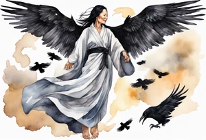 a beautiful 55 year old Dakota woman wearing a silver and black robe, flying in the sky with black raven wings, bare feet tattoo idea