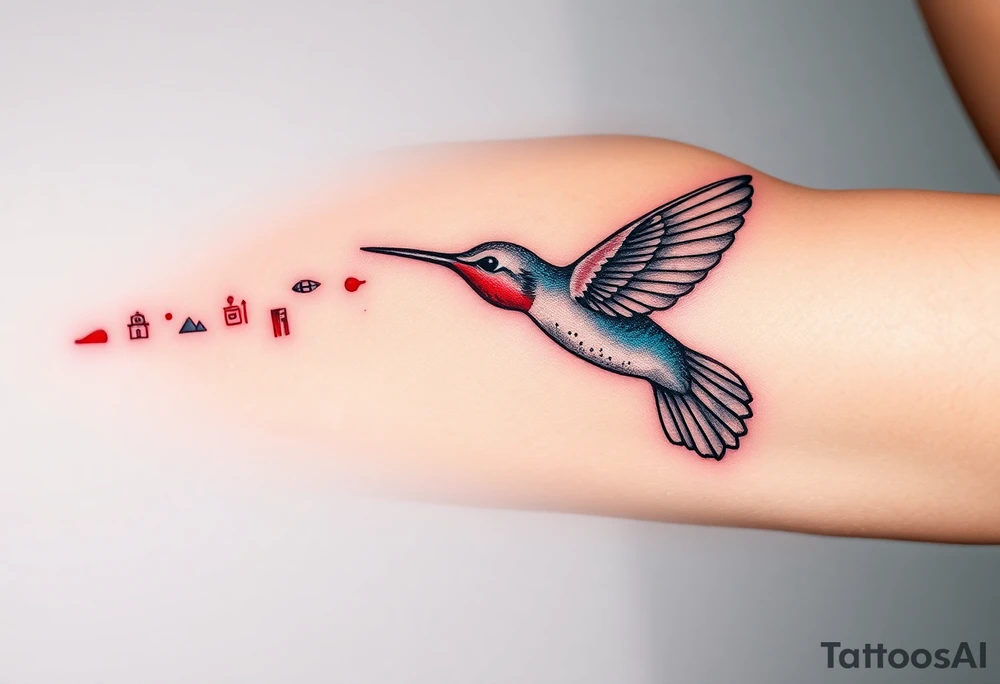 A hummingbird leaving a trail of glowing hieroglyphs as it flies(only red , blue and black are possible colors) tattoo idea