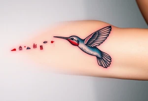 A hummingbird leaving a trail of glowing hieroglyphs as it flies(only red , blue and black are possible colors) tattoo idea