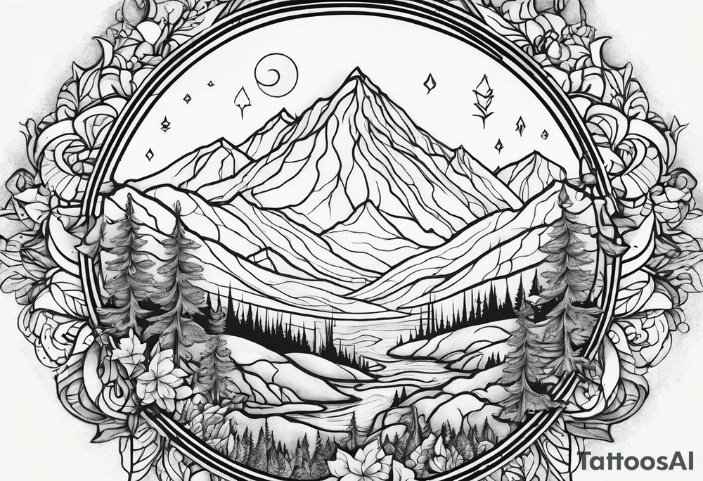 small circle shape trees mountain tattoo idea