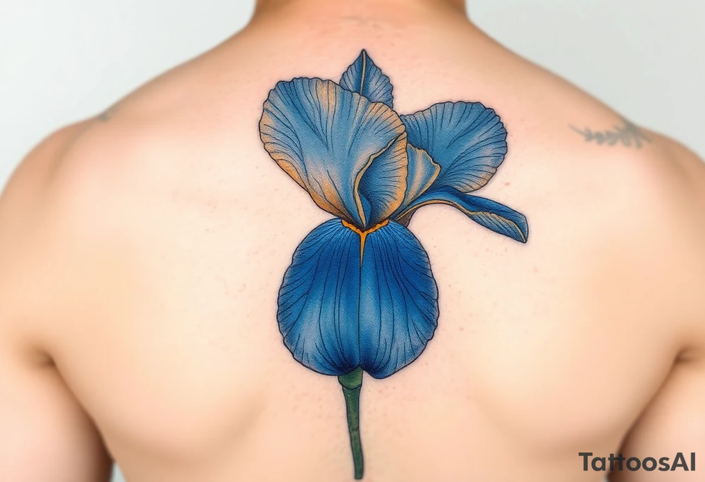Single blue and gold Iris painted in Van Gogh style. One petal falling and one upright. Integrating Kintsugi artform. tattoo idea