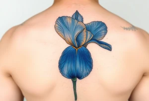 Single blue and gold Iris painted in Van Gogh style. One petal falling and one upright. Integrating Kintsugi artform. tattoo idea