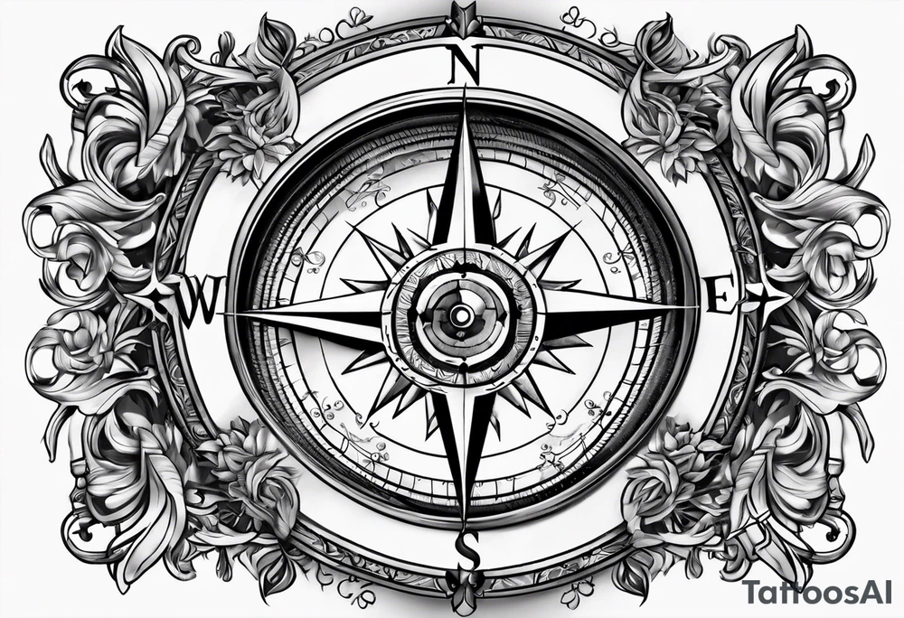 3D Compass with long vines tattoo idea