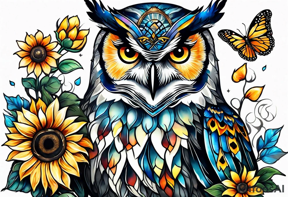 Sleeve with owl, sunflower and butterfly tattoo idea