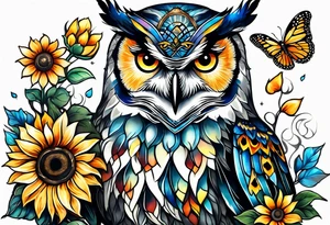 Sleeve with owl, sunflower and butterfly tattoo idea