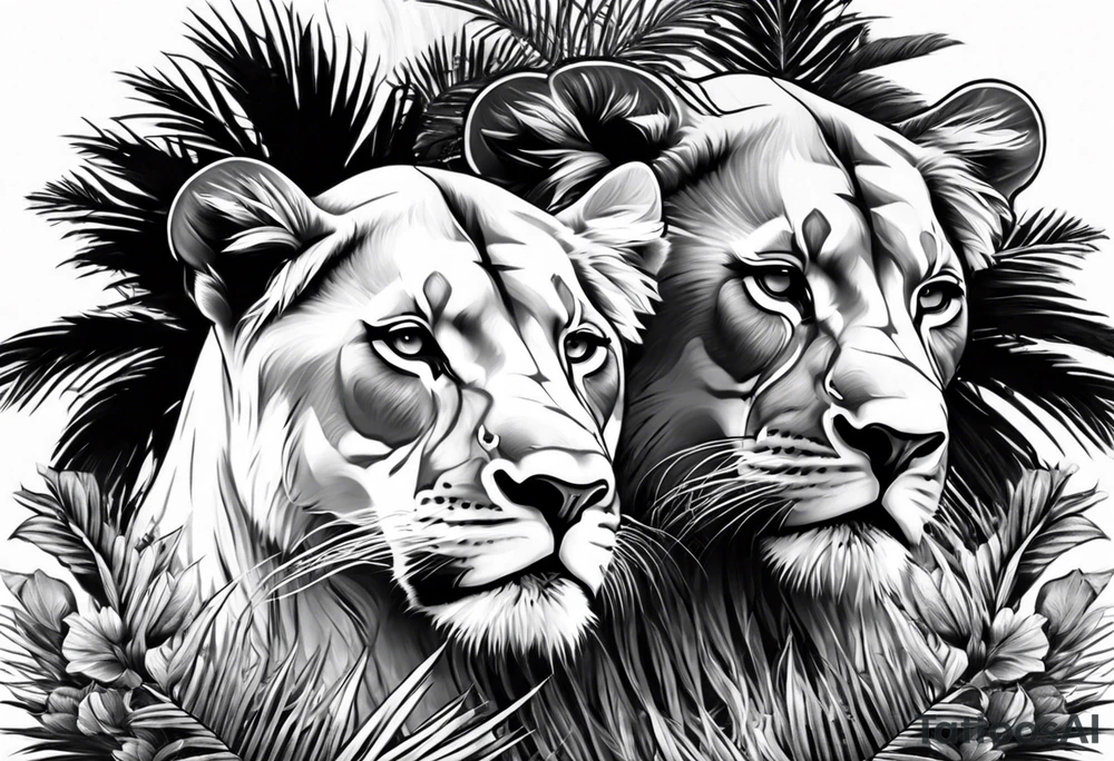 lioness and cub sun palm tree tattoo idea