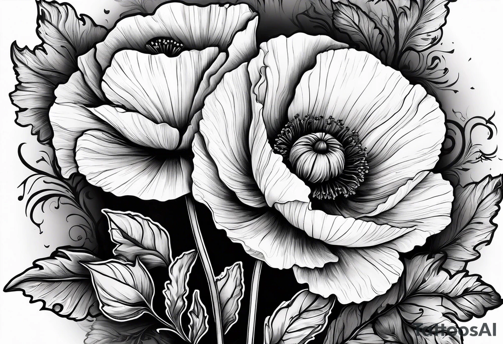 Poppy flowers with the date 1/15/22 in Roman numerals tattoo idea