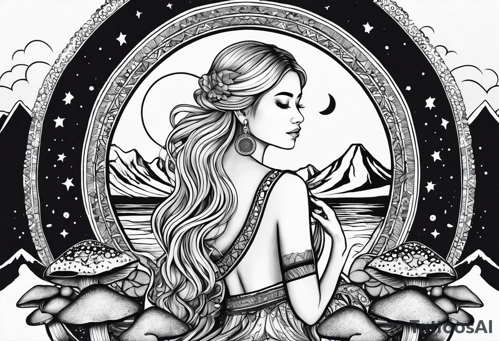 Straight blonde hair girl meditating facing away toward mountains surrounded by mushrooms crescent moon mandala circular design black and white striped dress tattoo idea