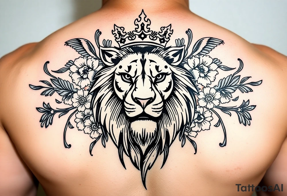 powerful majestic lion with a crown, surrounded by floral ornaments and birds tattoo idea