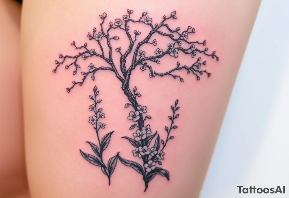 Lilly of the vally plants underneath a blooming hawthorn tree tattoo idea
