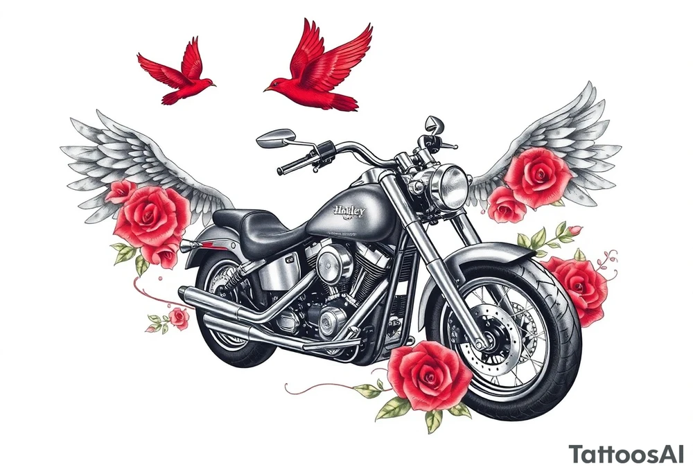 Harley grey motorcycle driving away, two red birds flying, roses, flames, angel wings tattoo idea