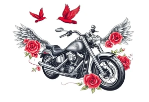 Harley grey motorcycle driving away, two red birds flying, roses, flames, angel wings tattoo idea