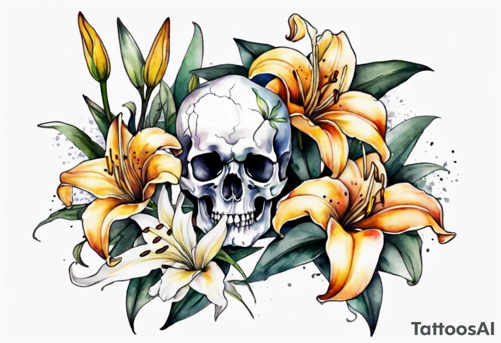 Skull and lilies tattoo idea