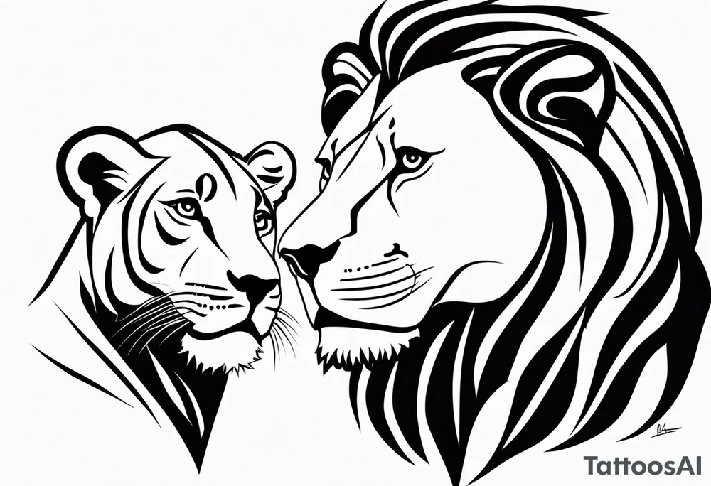 Moitié visage lion avec son bebe lionne tattoo idea
