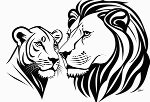 Moitié visage lion avec son bebe lionne tattoo idea